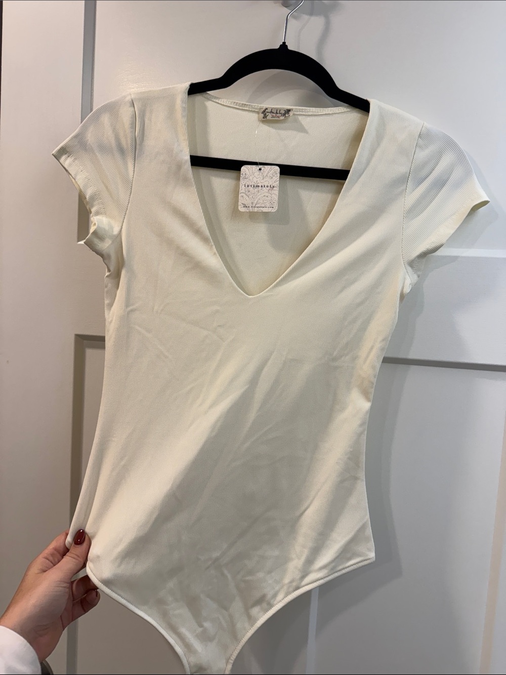 Free People Cream V-Neck Short Sleeve Bodysuit